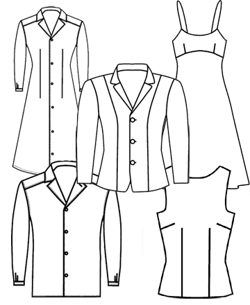 Line drawings of bespoke dresses and garments